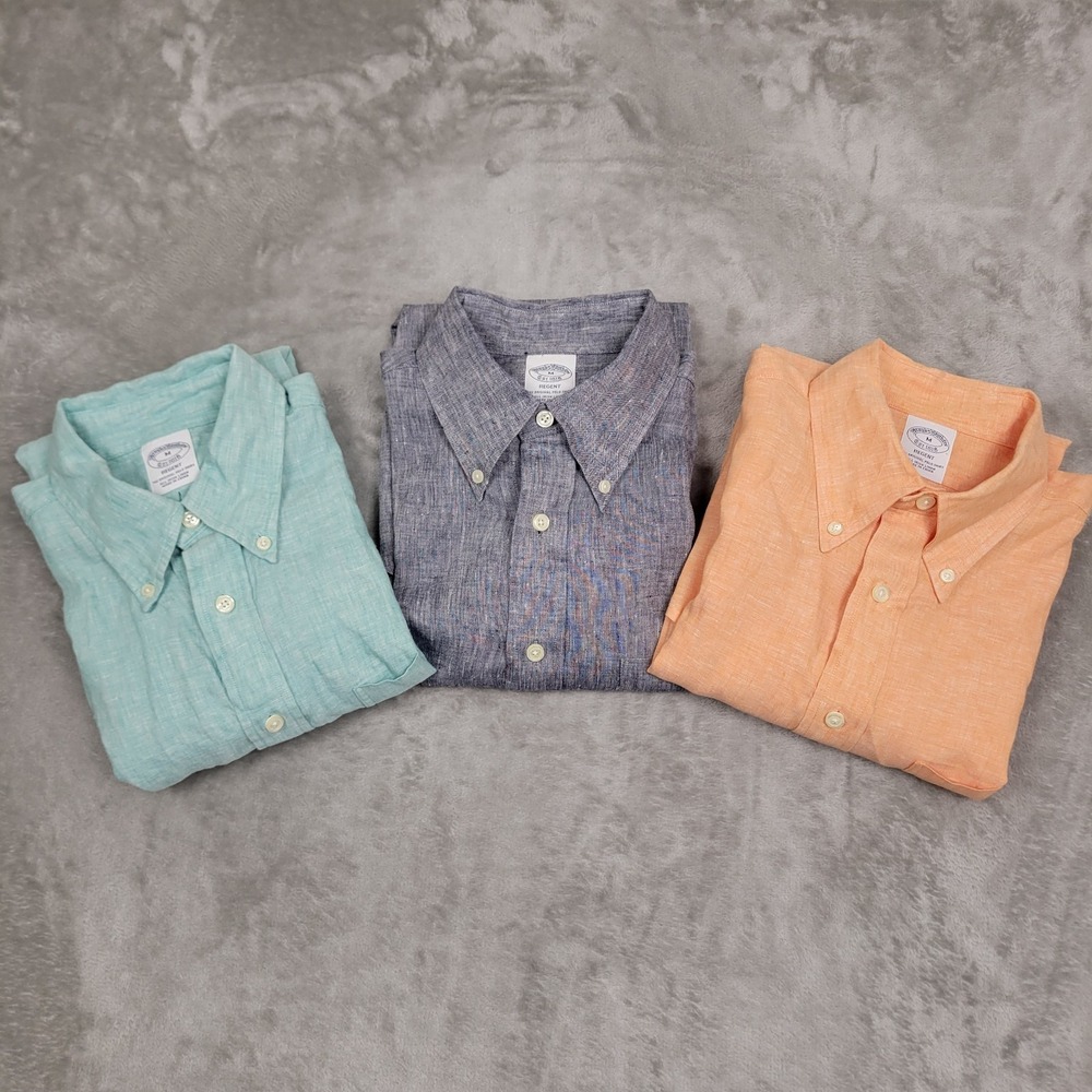 Brooks Brothers (Lot of 3) Mens M Green Gray Orange Regent Fit 100% Linen Shirts